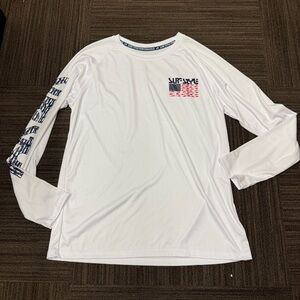 Surf Style White Long Sleeve Tee with White Blue and Red Flag Fish 50 UPF